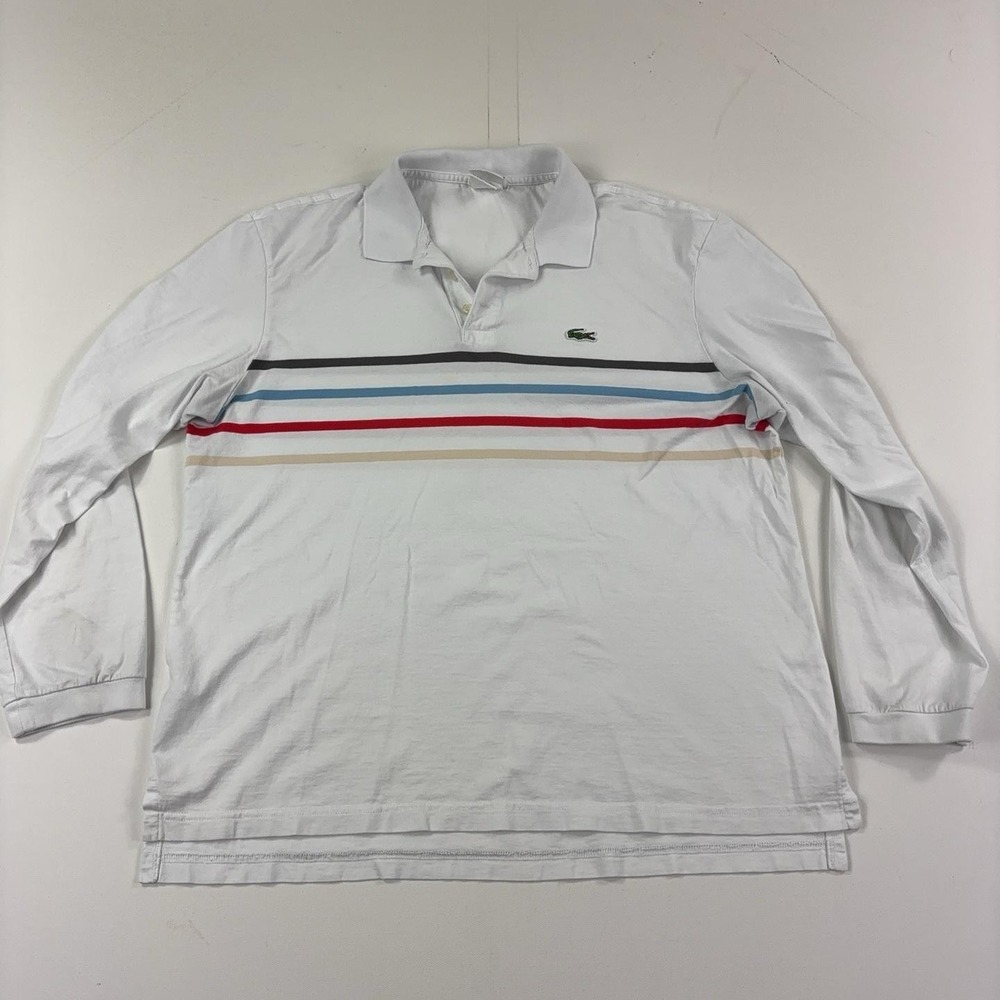 Lacoste Sport Polo Shirt Mens XL White 70s Style Stripe Knit Long Sleeve Logo